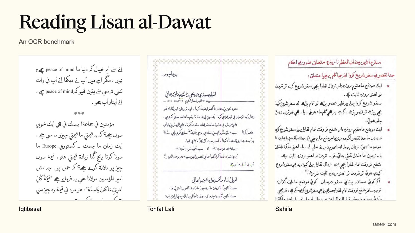 Three source-page excerpts from Iqtibasat, Tohfat Lali and Sahifa, arranged side by side.